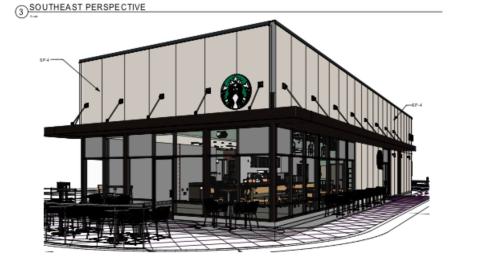 Photo submitted — A rendering shows what a potential Starbucks in Hartwell could look like from the Southeast perspective. 