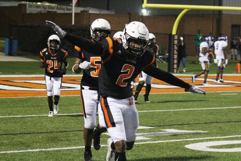 Defensive back Montae Maxwell celebrates after making a play during Hart County's scrimmage game against Washington Wilkes in 2019.