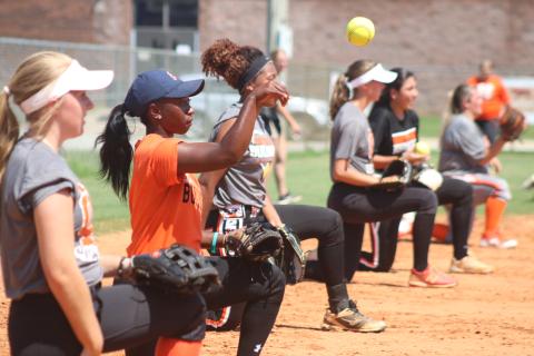 Sunshot by Grayson Williams — Hart County Lady Bulldog softball players throw from one knee during practice Tuesday, Aug. 4, at Hart County High School. 