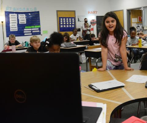 Students in Renea Colson’s fifth-grade class participate in a Zoom call with University of Georgia football players on Tuesday, Sept. 29. 
