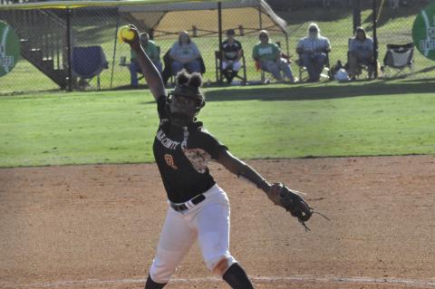 Photo by Marcus Etiene/The Toccoa Record Taikibrea “Red” Campbell pitches on Oct. 15 against Stephens County High School at Franklin County High School in the Region 8-AAA tournament.