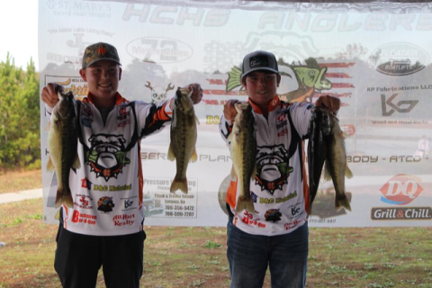Joshua Haley and Jacob Fowler show off their catches in the middle school portion of the intra-squad tournament the Hart County middle and high school anglers competed in last weekend.  Photo submitted