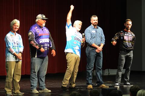 Ray Brazier, center, from “Fishing University” gets the crowd of Hart County High School students riled up during the show’s visit in October 2019.