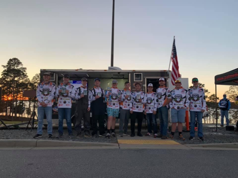 Photo submitted - The Hart County High School anglers pose for a photo after winning the Palmetto Boat Center Tournament on Lake Hartwell. Pictured are Rafe Maxwell, Max Heaton, Tallis Morrison, Dallas Hancock, Xander Patton, Dawson Carden, Griffin Milford, Austin McCall, Hunter Heaton, Austin Mercer and Landon Bannister