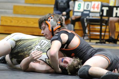 Photo submitted by Mandy Patton - Zander Bradsher wrestles against an opponent at a meet on Jan. 5.