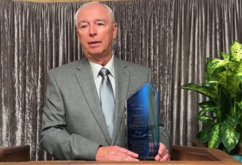 Photo from screenshot - Doug Cleveland accepts the Lifetime Achievement Award from the Hart County Chamber of Commerce recently in a virtual awards banquet.