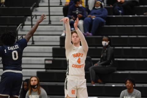 Hart County’s Ben Edwards puts up a three pointer against East Jackson on Tuesday, Feb. 2, at Hart County High School.