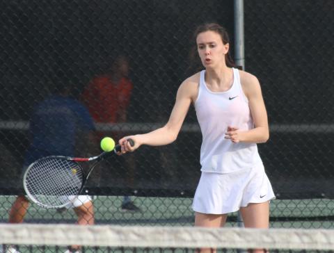Hart County’s Sydney Smith returns a volley against Oconee County on Tuesday, March 9, at Hart County High School.