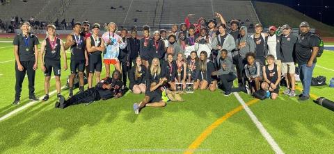 Photo submitted Pictured are both the Hart County boys’ and girls’ track teams after they each took home first-place trophies from the Battle of the Blue Ridge meet at Habersham Central on Friday, March 26.