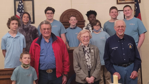 The young men of DeMolay Chapter 11095 (LT) surround guest speakers, pictured center from left to right, Bill Pankey, Margaret Ayers and Buddy Chastain.