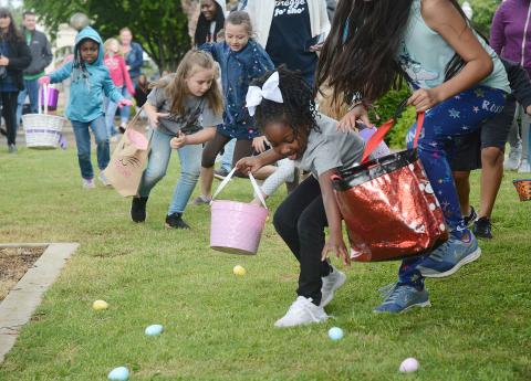 Sunshot from file: Amiracle Roebuck, 5, finds room to grab an egg during the Hart County Chamber of Commerce’s annual Easter egg hunt in 2019.