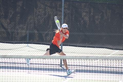 Grayson Williams/The Hartwell Sun C.J. Jorensen returns a serve against Sandy Creek at Hart County High School in the Racket Dogs’ first-round playoff victory on April 19.