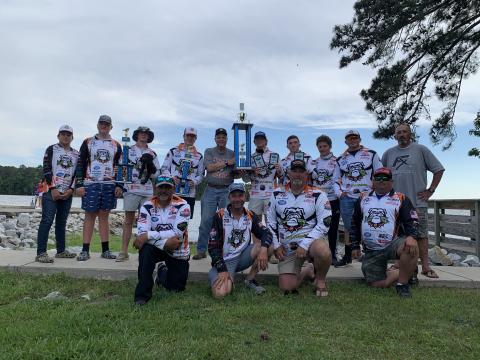 Pictured are team members and coaches who participated on Lake Murray holding the trophy. Pictured from left to right, top row, are Austin McCall, Xander Patton, Tallis Morrison, Max Heaton, coach Matt Beasley, Dallas Hancock, Dawson Carden, Griffin Milford, Austin Mercer, Joe Carden. Bottom row: Charlie Milford, Mark Johnson, Hayes Morrison and Tim Mercer. 