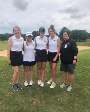 Photo submitted - The Hart County girls’ golf team poses for a photo after capturing fifth place at the Class AAA state championship tournament at Apple Mountain in Clarkesville. Pictured from left to right are Ashlyn Stanton, Lauren Weaver, Mary Elizabeth Jackson, Ella Franklin and head coach Wende Peloquin.