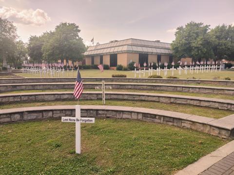 Dan Hunt/The Hartwell Sun - Crosses placed in memory of fallen area veterans line the front of the Hartwell courthouse in recognition of Memorial Day.