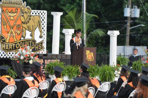 Drew Dotson/The Hartwell Sun - Salutatorian Ben Tellano addresses his peers June 4 at Pete Herndon Stadium during Hart County High School’s graduation.