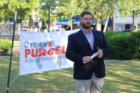 Grayson Williams/The Hartwell Sun Dylan Purcell announces his candidacy for Georgia House of Representatives District 32 on Saturday at the courthouse square in Hartwell.