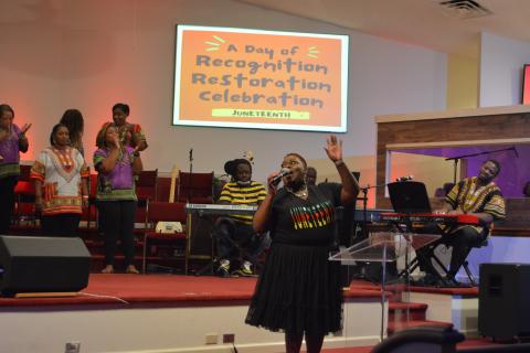 Drew Dotson/The Hartwell Sun - The Juneteenth Celebration Choir leads a Juneteenth praise service at the Christian Worship Assembly on Saturday.