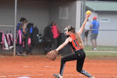 Drew Dotson/Hartwell Sun - Briella Pierce winds up the pitch against Oconee County.