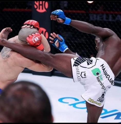 Photo submitted - Hamilton lands a kick on his Matheus Mattos at his first main card event for Bellator.