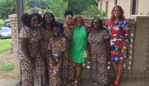 Josh Brannen/The Hartwell Sun - From left to right, Redaphca, Belinda, Samaika, Thaina, Elizabeth Thompson, Mirlanda and Linda Schuler-Gunter outside the Forest Heights Baptist Church on Sunday.