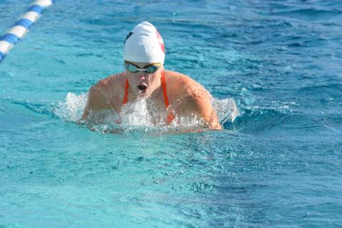 Drew Dotson/The Hartwell Sun - Savannah Stannish emerges from the water to take a breath while practicing doing the breaststroke. 