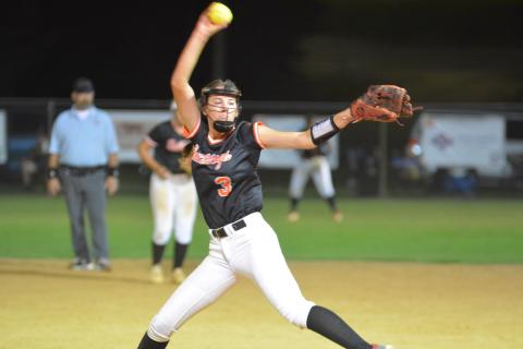 Drew Dotson/ The Hartwell Sun - Emilee Sanders pitches in the Bulldogs’ loss at home against Banks County.