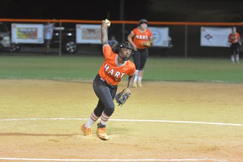 Takibrea “Red” Campbell winds up in the eighth inning in Hart’s 6-5 loss.