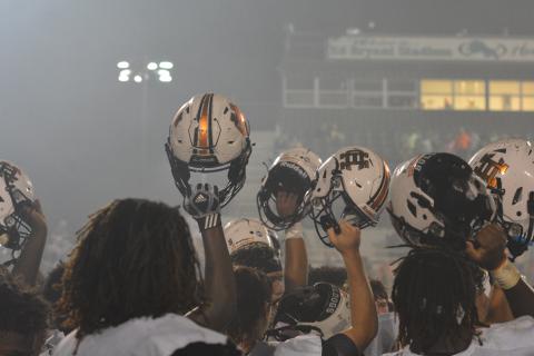 Hart County players celebrate after a dominating 37-0 road win over rival Franklin County on Oct. 1. 