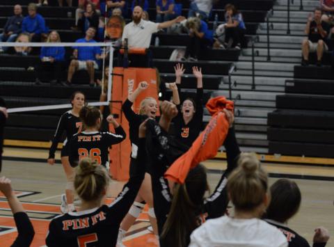 he team and sideline erupt as the Volleydogs score their final point against Ringgold on Tuesday, Oct. 19.