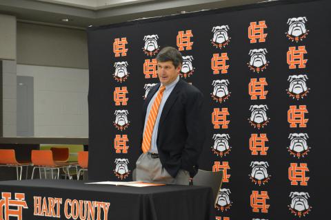New Hart County football coach and athletic director Cory Dickerson speaks at last week’s introductory press conference.