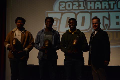 From left, Malachi Kelley, JL Lackey and Keegan Dye were presented the Captains’ Awards by head coach Rance Gillespie.