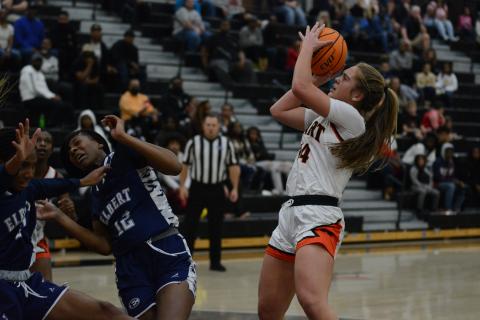 Dakota Phillips makes a fade-away shot in her 17-point performance against Elbert County in the McDonald’s Shootout finals.