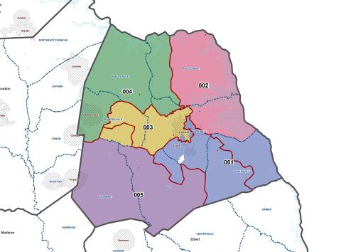 Image submitted - Map displaying the before and after of redistricting in Hart County. Colors indicate new districts. Red lines indicate old districts. 