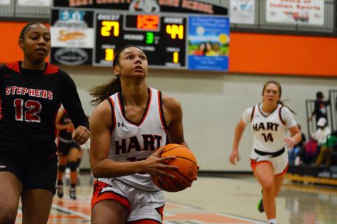 Alexis Walker eyes the hoop in a breakaway against Stephens County on Feb. 4.