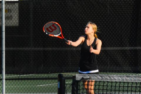 Drew Dotson/ The Hartwell Sun - Hannah Harris serves it up in her and Ryleigh Jordan’s doubles win over Clarke Central.