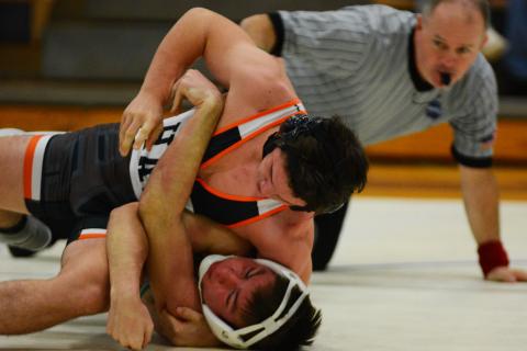 AJ Smith takes control of his Franklin County opponent at the region dual meet in Watkinsville on Jan. 8.