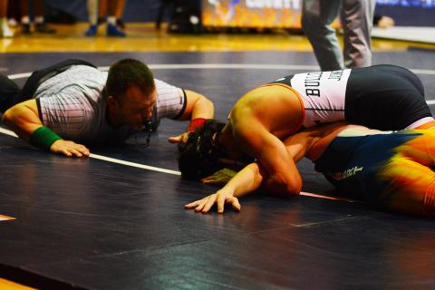 Drew Dotson/ The Hartwell Sun - Miguel Jaimes fights for a pin against an Elbert County wrestler earlier this season.