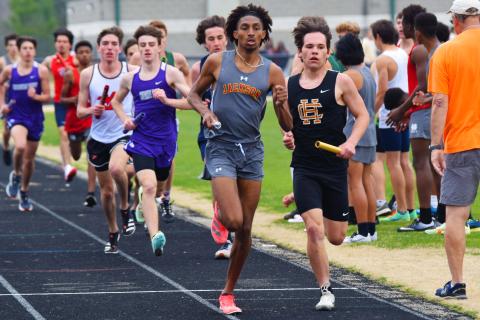 Braden Whitson leads the pack in the boys distance medley race at East Jackson High School  on March 5.