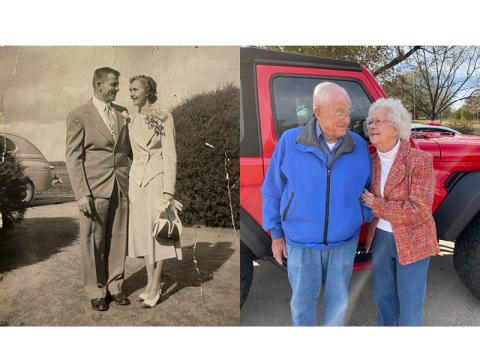 Douglass and June Hiley smile and gaze at each other for their wedding picture. Pictured right are Douglas and June in the same pose 70 years apart. The couple was not told to strike the same pose in the recent picture and did so naturally.