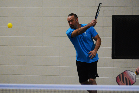 Drew Dotson/ The Hartwell Sun - Shawn Thompson returns volley in the Lake Hartwell March Madness Pickleball Tournament on Friday, April 8.