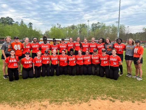 The Hart County slow-pitch softball team pose after advancing to the Elite 8 tournament with wins over Creekview and Mountain View.