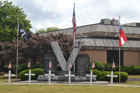 Pictured above are six of 69 crosses at the Hartwell Courthouse Square, the site of a Memorial Day ceremony scheduled for Monday, May 30.  