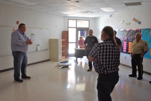 Hart County superintendent Jay Floyd addresses a group of local leaders and law enforcement in a classroom at South Hart Elementary School. Floyd was giving a rundown on the charter system’s security processes and technologies. 