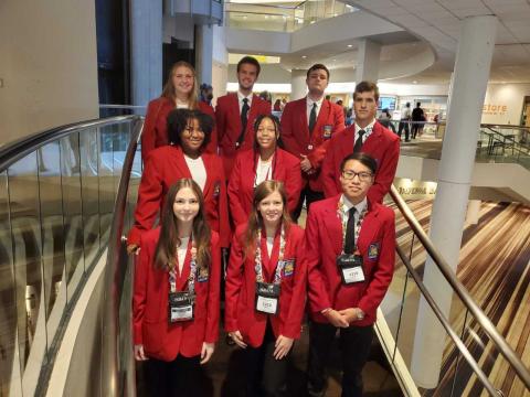 Pictured are the Hart County High School SkillsUSA National Convention participants. Pictured, from left to right, front row, are Georgia Tucker, Anna Hunt, Ethan Ho, middle row, Zion Lackey, Louiesa Gibbs, Jonathan McClain, back row, Katyln Howard, Aidan Gordon, and Ivan Martin. 