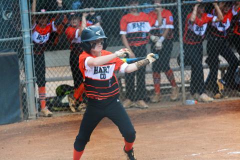 Keegan Martin gets a hit in Hart County Little League baseball’s first game against Toccoa.