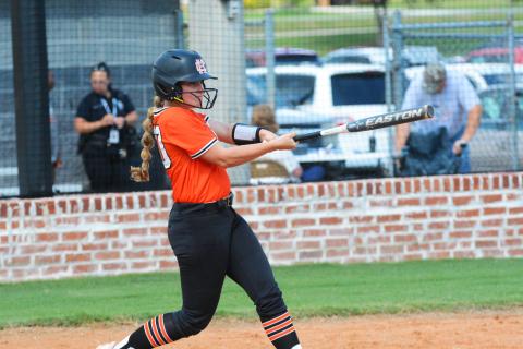 Allie O’ Bannon gets a base knock in the Lady Dogs’ first game of the season against Gainesville on Friday, Aug. 5.