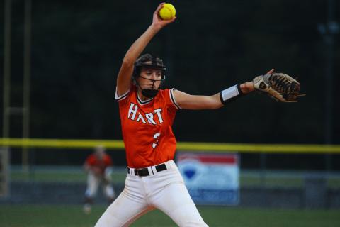 Emilee Sanders winds up a pitch against Elbert County. 