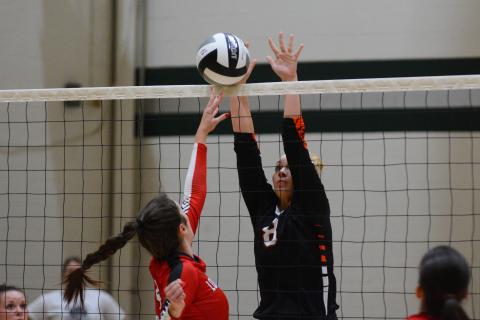 Drew Dotson/ The Hartwell Sun Cali Beebe gets a block against Loganville on Aug. 30 in Athens. 