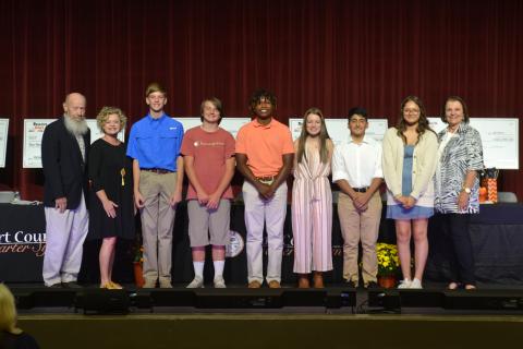 Pictured above is the 2027 REACH Hart Scholar class. From left to right, Hart County Board of Education member Dennis Dowell, Superintendent Jennifer Carter, Tyler Bowers, Dalton Harris, Faustino Rangel, Alana Ramey, Alvin Franco-Gallegos, Edith Rico-Ortiz, and Hart County Education Foundation Executive Director Bobbie Busha. 